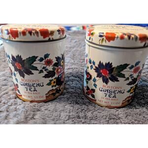 Vintage Boston's Ginseng Tea 2 Teabag Tins Lids Round Floral Decorative Empty